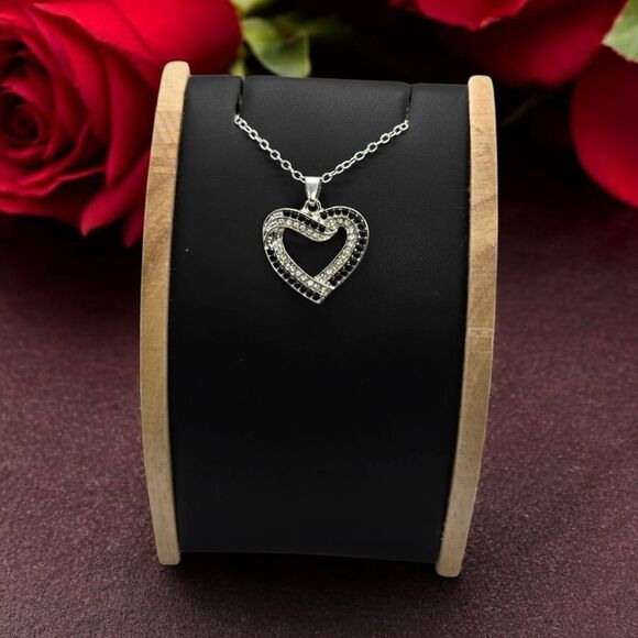 CZ Heart Necklace Double Layer Silver Black Zircon Open Pendant Sparkly Jewelry - Picture 3 of 7